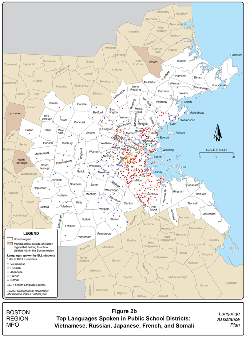 Figure 2B is a map showing the distribution of students who speak one of the top languages spoken in the Boston region’s public school districts: Vietnamese, Russian, Japanese, French, and Somali. Figure 2B is a map showing the distribution of students who speak one of the top languages spoken in the Boston region’s public school districts: Vietnamese, Russian, Japanese, French, and Somali.
